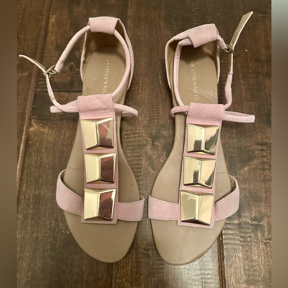 Obsession Rules suede pink sandals with gold hardware size 9.5